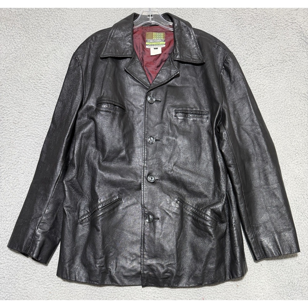 Diesel Leather Black Button Up Collared Overcoat XL Moto Biker Jacket Blazer Y2K